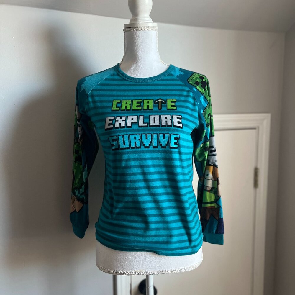 Minecraft CREATE EXPLORE SURVIVE Graphic Teal Long Sleeve Shirt SZ 10/12 Youth